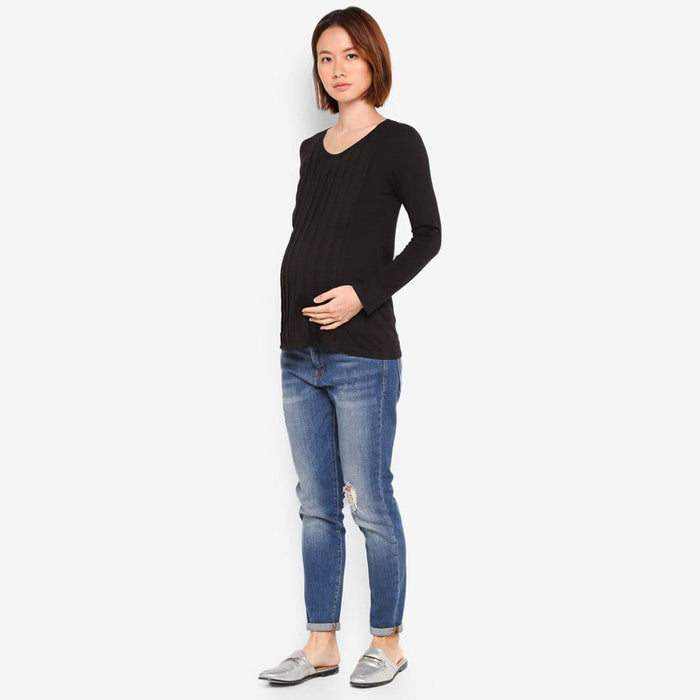 Long Sleeved Venus Pleats Row Nursing Top Black