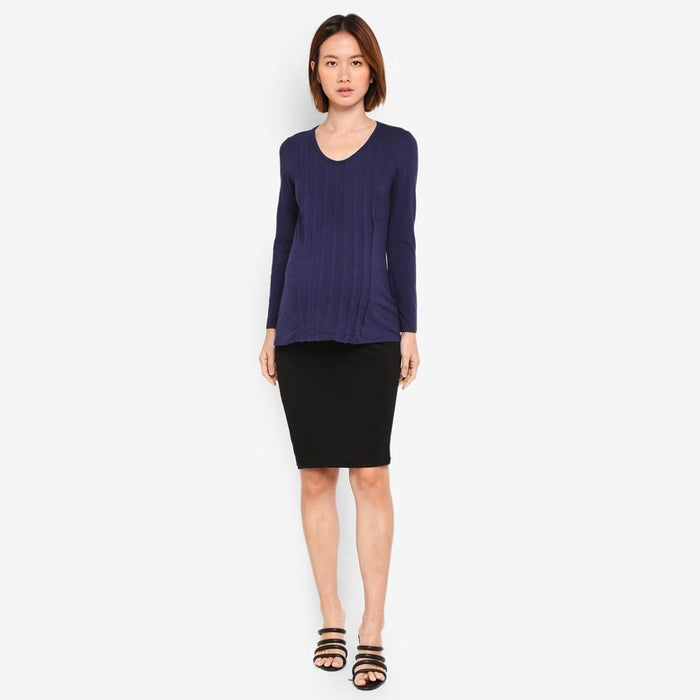 Long Sleeved Bamboo Cotton Venus Pleats Row Nursing Top Navy