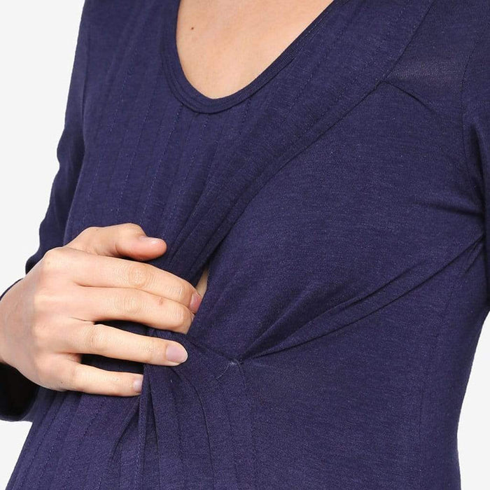 Long Sleeved Bamboo Cotton Venus Pleats Row Nursing Top Navy