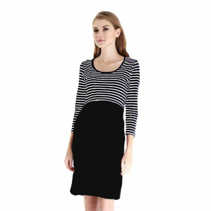 Knitted 3/4 Sleeve Angelina Nursing Dress Black Stripes