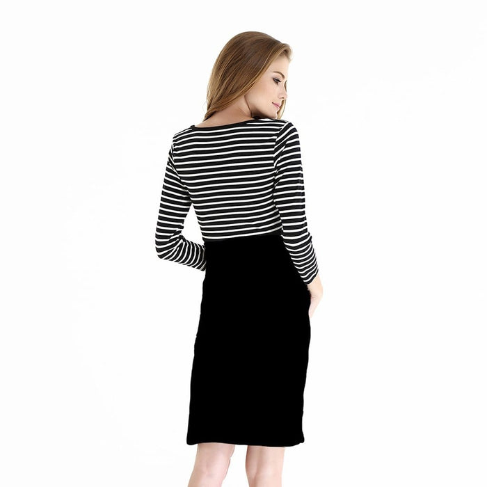 Knitted 3/4 Sleeve Angelina Nursing Dress Black Stripes