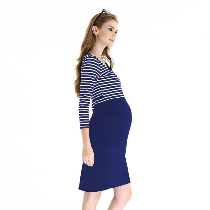 Knitted 3/4 Sleeve Angelina Nursing Dress Navy Stripes