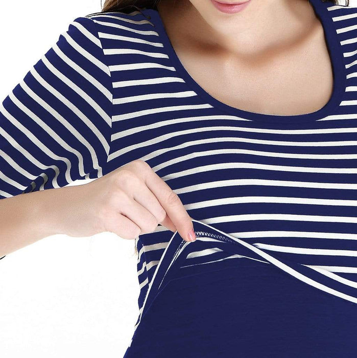 Knitted 3/4 Sleeve Angelina Nursing Dress Navy Stripes