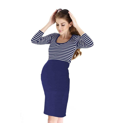 Knitted 3/4 Sleeve Angelina Nursing Dress Navy Stripes