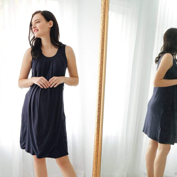 Live Pleat Bamboo Cotton Sleeveless Nursing Dress Navy