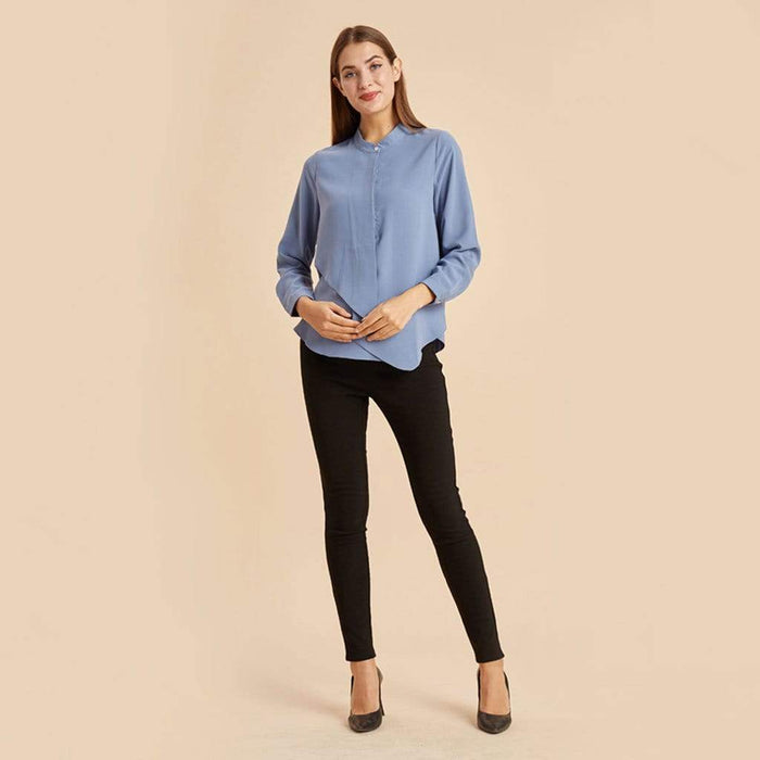 Long Sleeves Chrissy Mandarin Collar Nursing Top Grey Blue