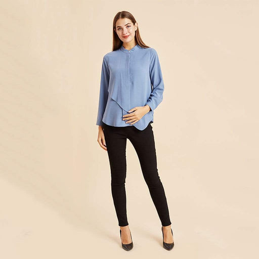 Long Sleeves Chrissy Mandarin Collar Nursing Top Grey Blue