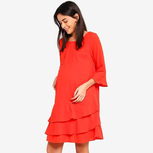 Long Sleeves Christana Tier Nursing Dress Coral Red