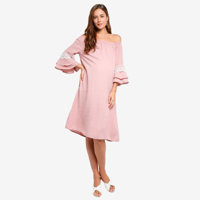 Long Sleeves Off-Shoulder Dericka Dusty Pink Maternity Dress
