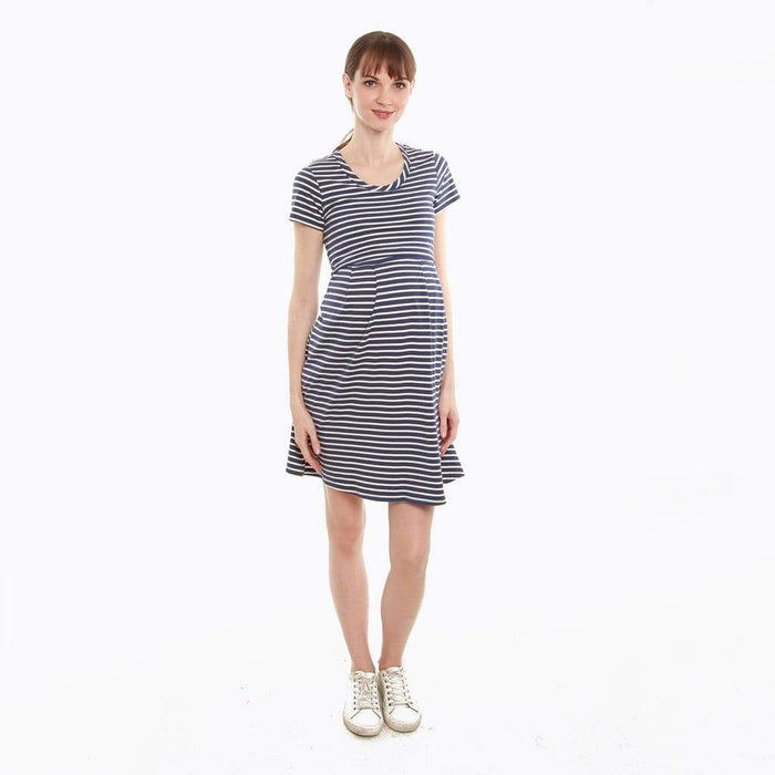 Patience Stripe Skater Short Sleeve Nursing Dress Navy Stripe