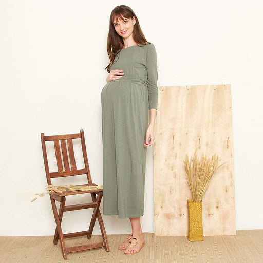 Daphne Long Sleeve Bamboo Cotton Nursing Dress Olive Green