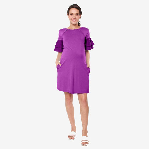 Flounce Sleeves Calissa Bamboo Cotton Nursing Dress Eggplant
