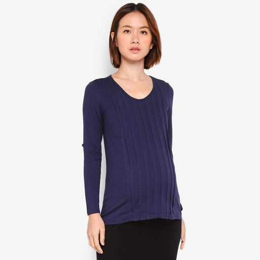 Long Sleeved Bamboo Cotton Venus Pleats Row Nursing Top Navy
