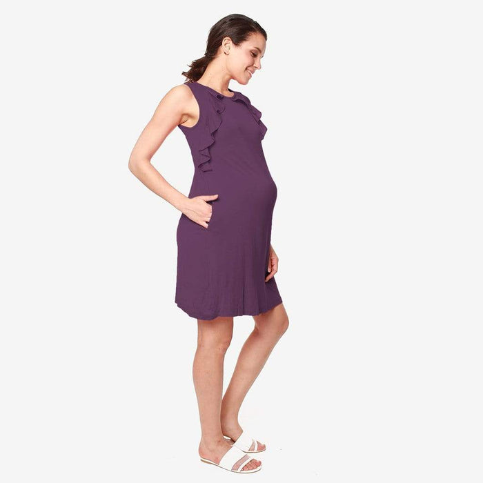 Sleeveless Calida Frills Bamboo Cotton Nursing Dress Eggplant