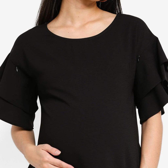 Tier Flounce Sleeves Cicilia Nursing Top Black