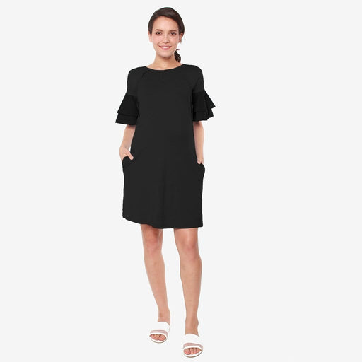 Flounce Sleeves Calissa Bamboo Cotton Nursing Dress Black