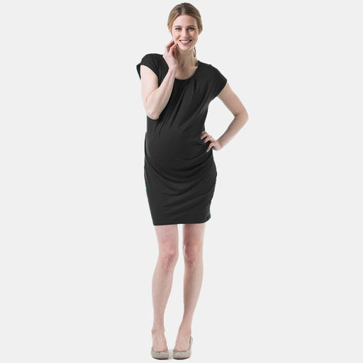 Kimono Sleeves Maternity Dress Bamboo Cotton With Pleats Black