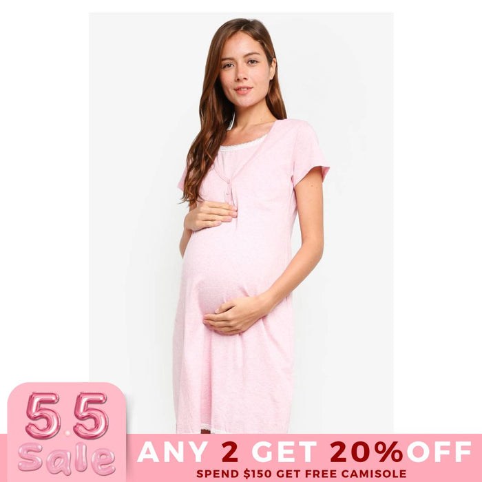 Jacklyn Short Sleeve Maternity and Nursing Gown H.Pink