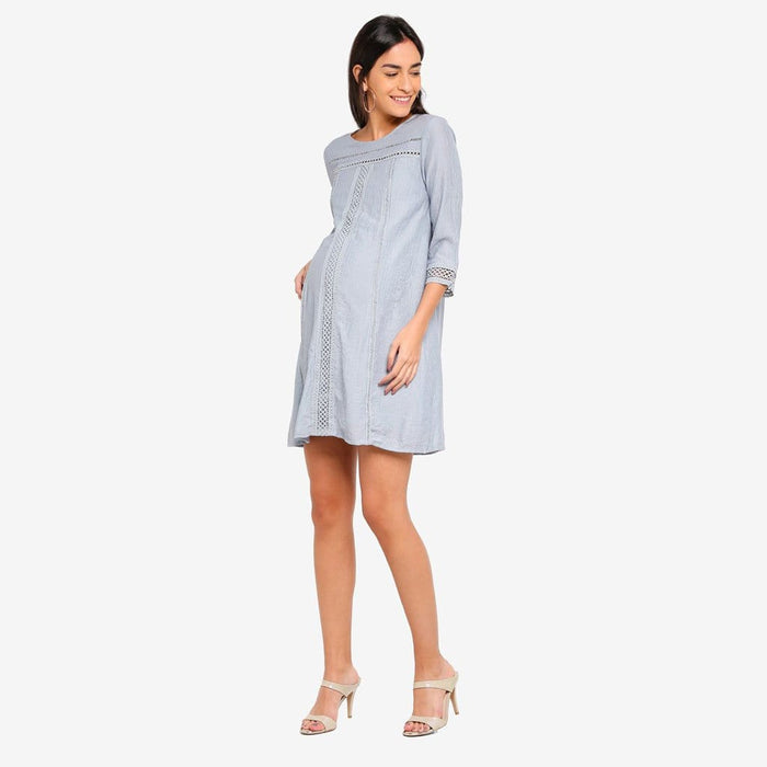 Crochet Long Sleeves Casandra Nursing Dress Grey Blue