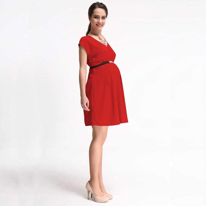 Erica Pleated V-Neck Red Nursing Dress