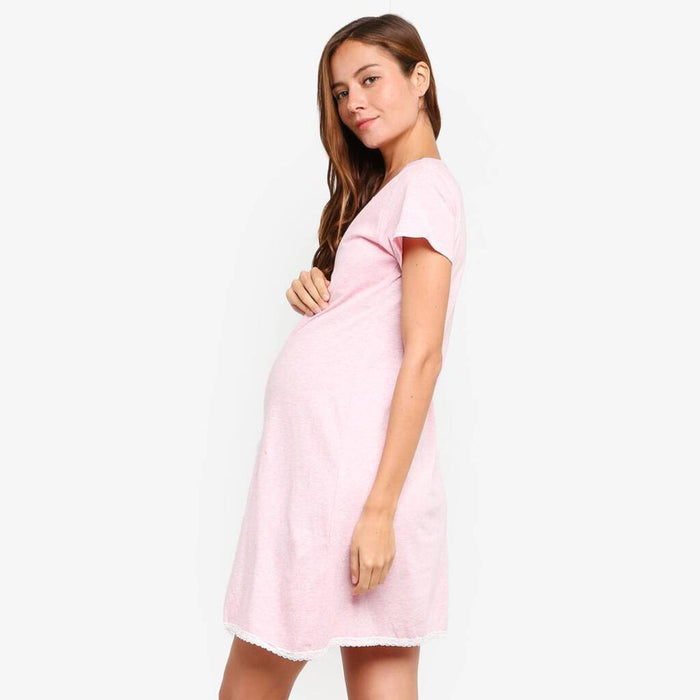 Jacklyn Short Sleeve Maternity and Nursing Gown H.Pink