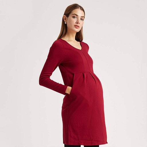 Knitted Bente Long Sleeve V-Neck Maternity Dress Nursing Wine