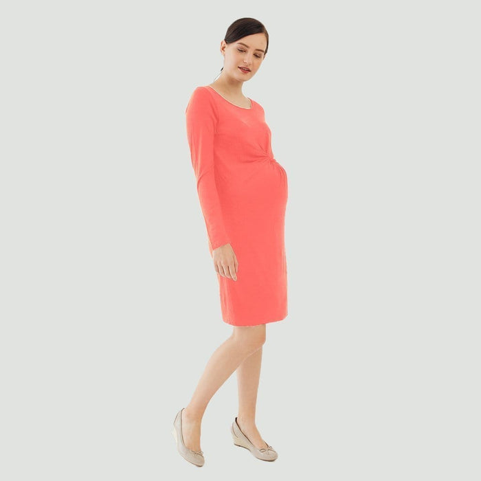 Long Sleeves Beatrisa Twisted Maternity Dress Coral