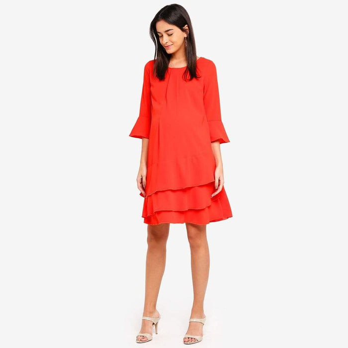 Long Sleeves Christana Tier Nursing Dress Coral Red